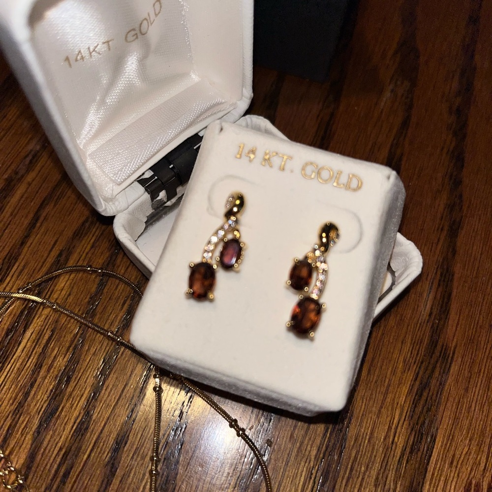 14k good over sterling necklace and earring set, brown stones